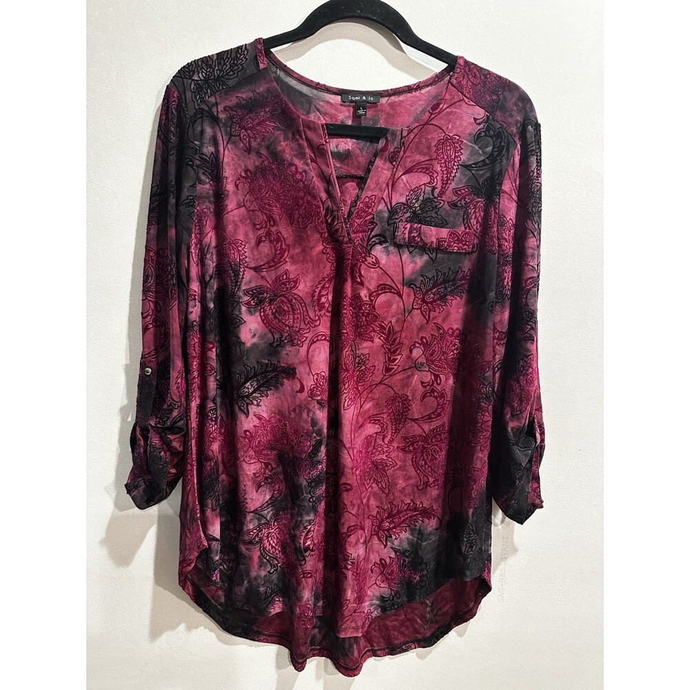 Sami & Jo WMNS L Velvet Burnout Blouse Burgundy Black Boho Goth Witchy Emo